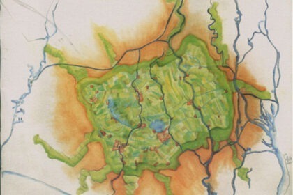 The Green heart mapping that makes clear the relationship Of the 35 villiages and two towns to 800 square kilometers of farm land, pastures, and nature reserve